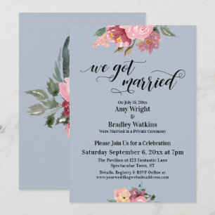 Pink Flowers We Got Married Script Dusty Blue Invitation