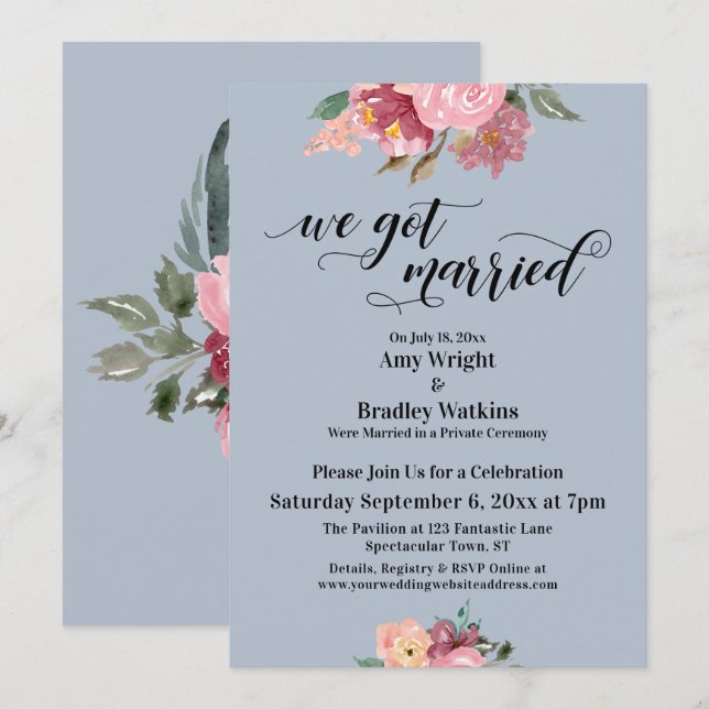 Pink Flowers We Got Married Script Dusty Blue Invitation (Front/Back)