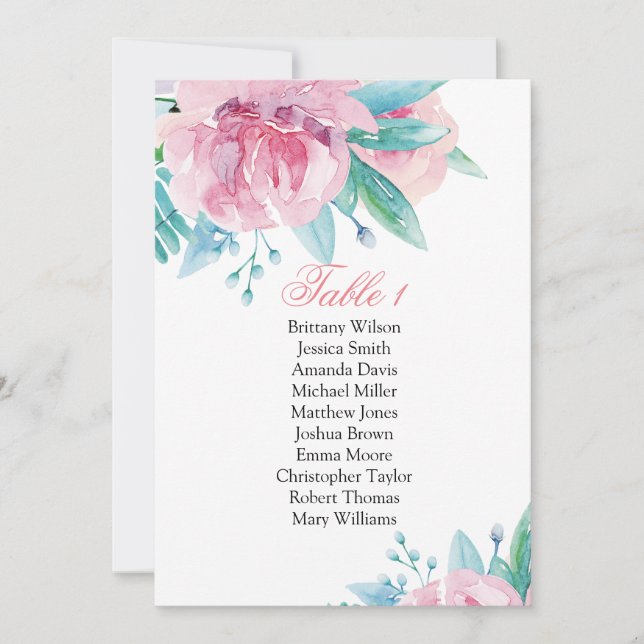 Pink flowers wedding seating chart. Botanical plan Invitation (Front)