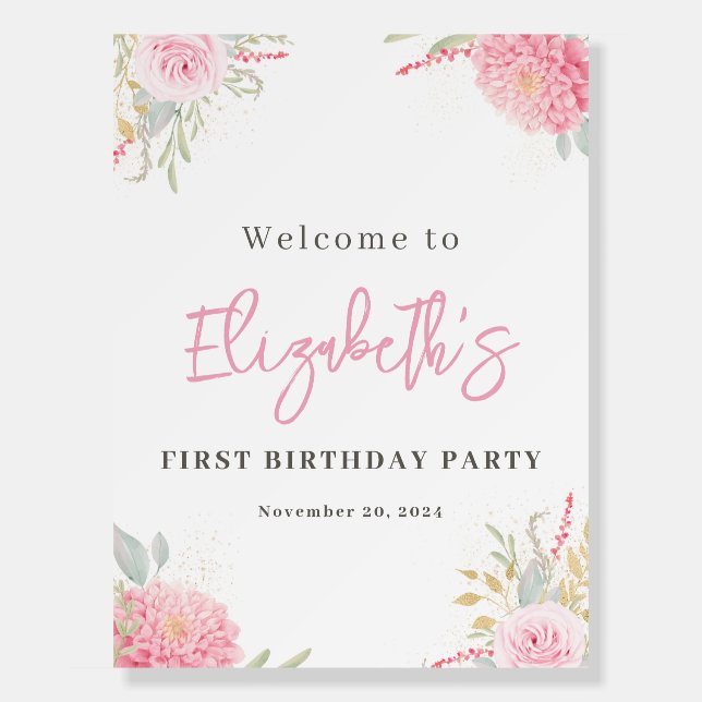 Pink Flowers Welcome Birthday Party Sign Poster (Front)
