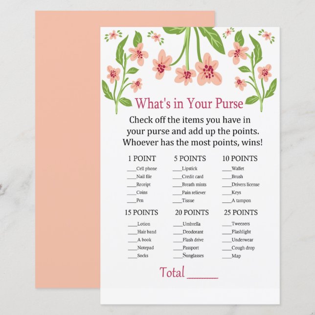 Pink Flowers What's in your purse game (Front/Back)