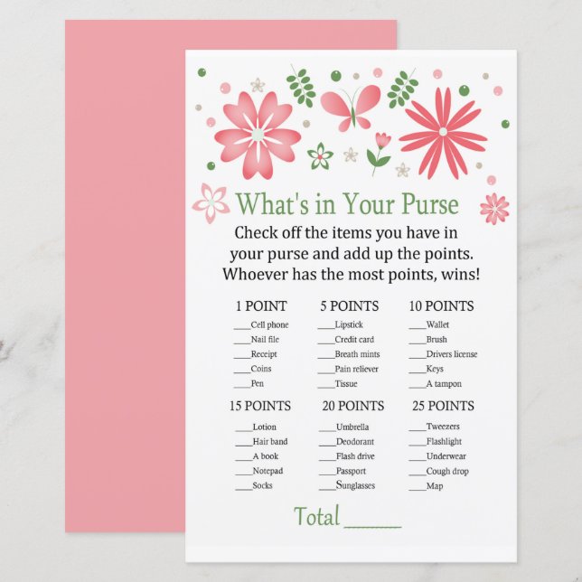 Pink Flowers What's in your purse game (Front/Back)
