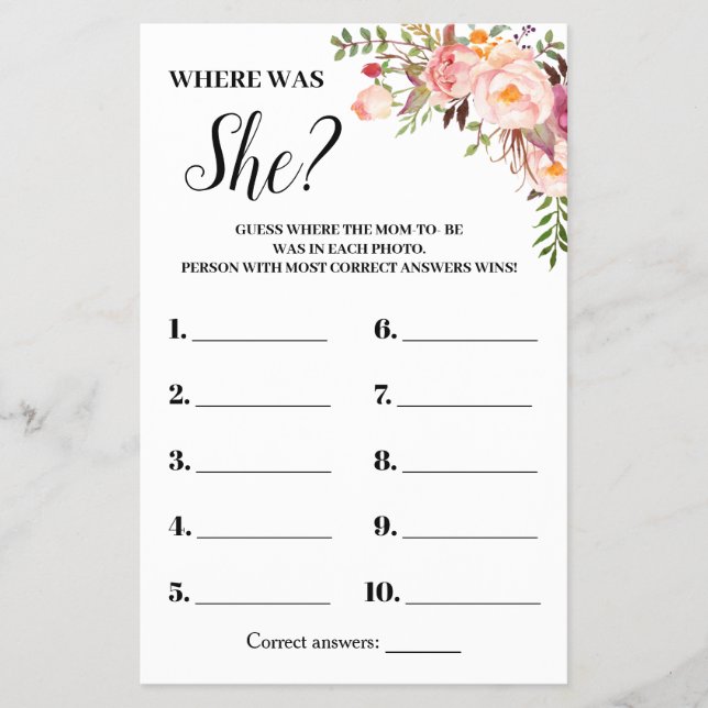Pink Flowers Where Was She Baby Shower Game Card Flyer (Front)