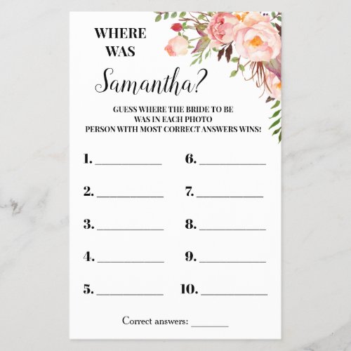 Pink Flowers Where was She Bridal Shower Game card Flyer