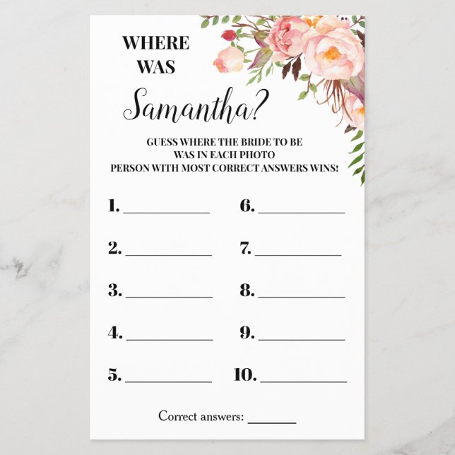 Pink Flowers Where was She Bridal Shower Game card Flyer (Front)