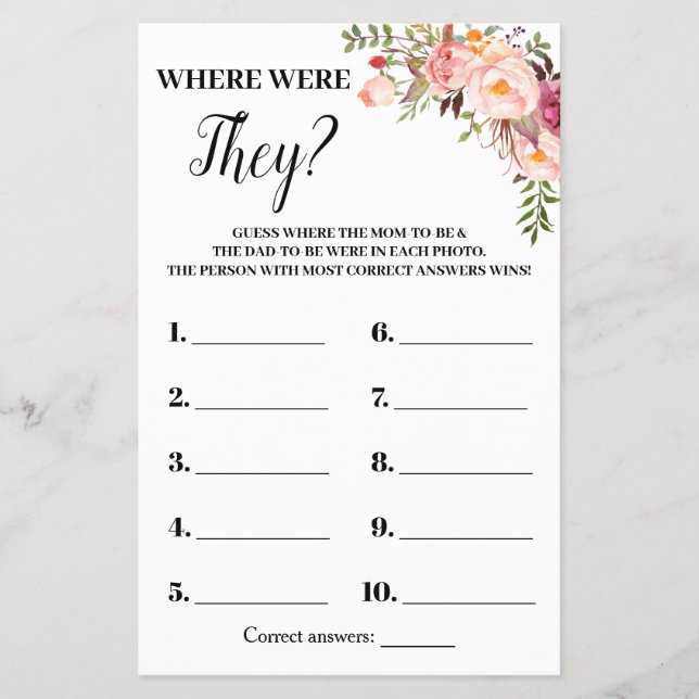 Pink Flowers Where Were They Baby Shower Game Card Flyer (Front)