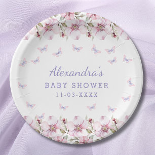 Pink Flowers Whimsical Butterfly Baby Shower Paper Plates