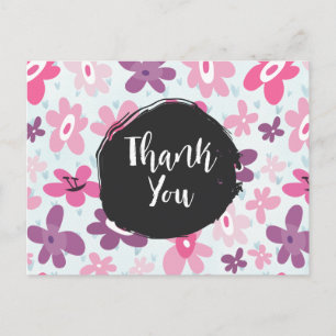 Pink Flowers Whimsical Retro Pattern Thank You Postcard