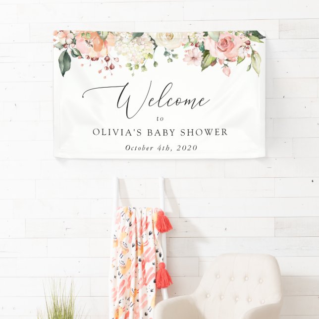 Pink Flowers, White Flowers, Baby Shower Welcome Banner (Insitu)