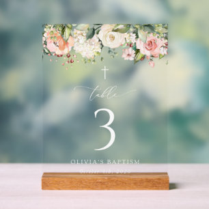 Pink Flowers, White Flowers, Baptism Table Numbers Acrylic Sign