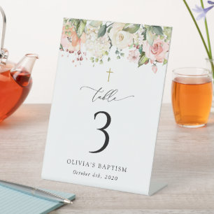 Pink Flowers, White Flowers, Baptism Table Numbers Pedestal Sign