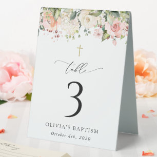 Pink Flowers, White Flowers, Baptism Table Numbers Table Tent