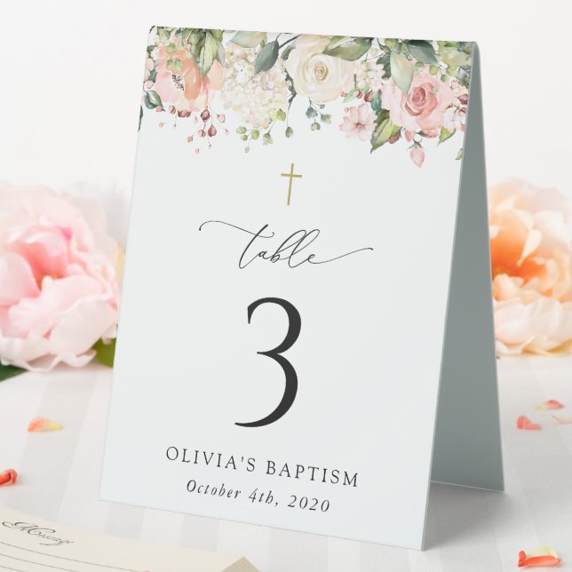 Pink Flowers, White Flowers, Baptism Table Numbers Table Tent (In SItu (Wedding))