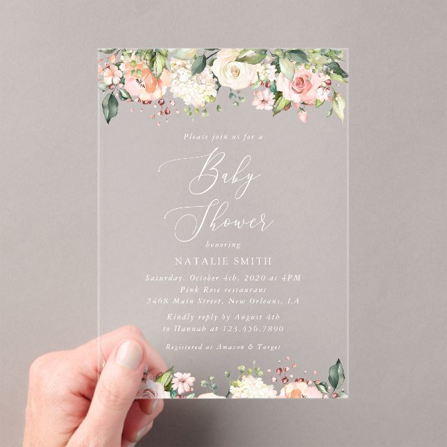 Pink Flowers, White Flowers, Boho, Baby Shower Acrylic Invitations (Insitu (Handheld))