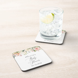 Pink Flowers, White Flowers, Boho, Baby Shower Beverage Coaster