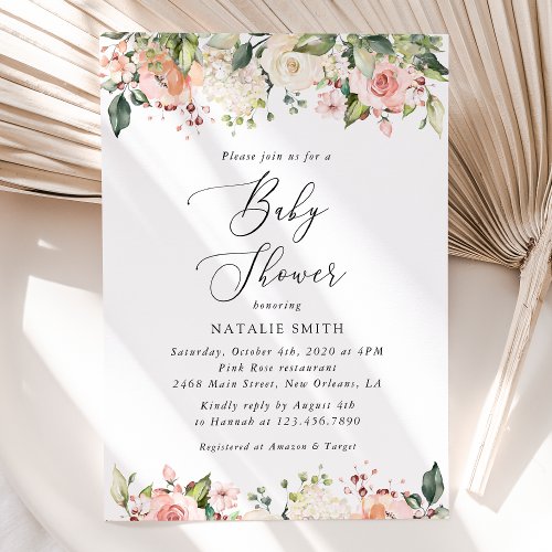 Pink Flowers White Flowers Boho Baby Shower Invitation