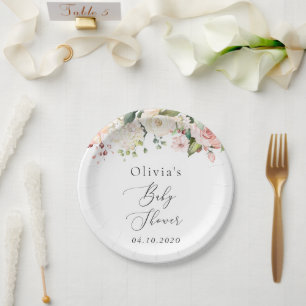 Pink Flowers, White Flowers, Boho, Baby Shower Paper Plates