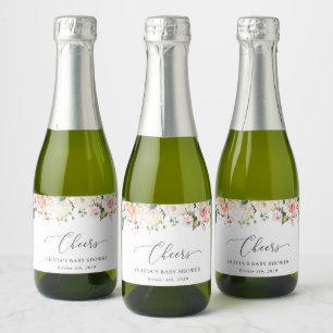 Pink Flowers, White Flowers, Boho, Baby Shower Sparkling Wine Label