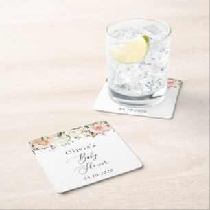 Pink Flowers, White Flowers, Boho, Baby Shower Square Paper Coaster