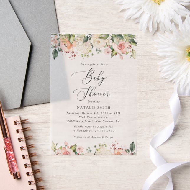 Pink Flowers, White Flowers, Boho, Baby Shower Vellum Invitations (Wedding)