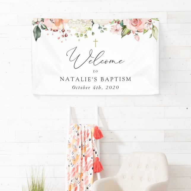 Pink Flowers, White Flowers, Boho, Baptism Welcome Banner (Insitu)