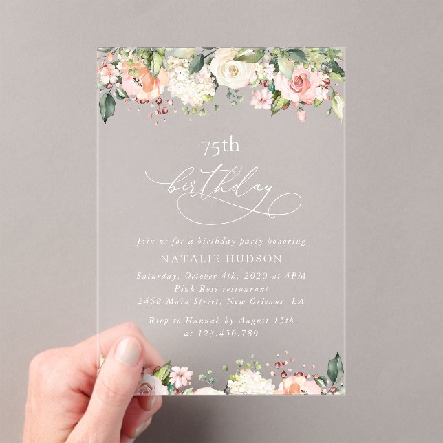 Pink Flowers, White Flowers, Boho, Birthday Acrylic Invitations (Insitu (Handheld))