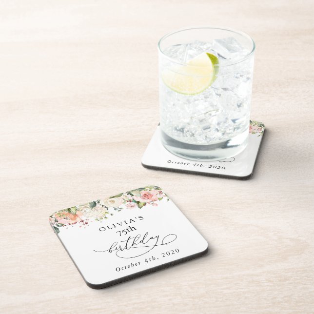 Pink Flowers, White Flowers, Boho, Birthday Beverage Coaster (Right Side)