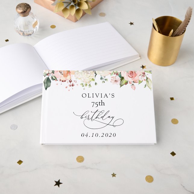 Pink Flowers, White Flowers, Boho, Birthday Guest Book (Front Open)