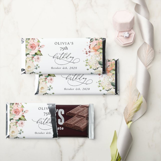 Pink Flowers, White Flowers, Boho, Birthday Hershey Bar Favors (Front)