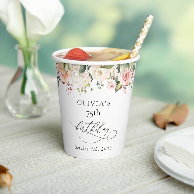 Pink Flowers, White Flowers, Boho, Birthday Paper Cups (Insitu)