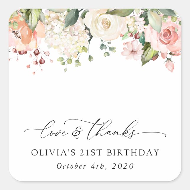 Pink Flowers, White Flowers, Boho, Birthday Square Sticker (Front)