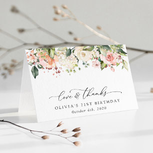 Pink Flowers, White Flowers, Boho, Birthday Thank You Card