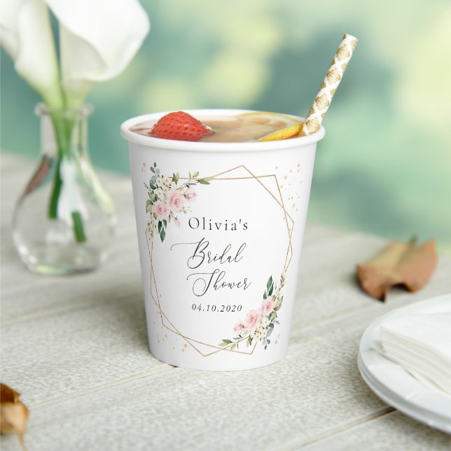 Pink Flowers, White Flowers, Boho, Bridal Shower Paper Cups (Insitu)
