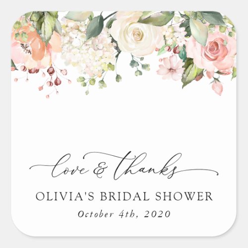 Pink Flowers White Flowers Boho Bridal Shower Square Sticker