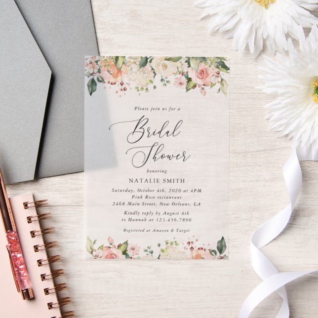 Pink Flowers, White Flowers, Boho, Bridal Shower Vellum Invitations (Wedding)
