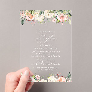 Pink Flowers, White Flowers, Boho, Floral Baptism Acrylic Invitations
