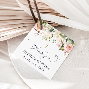 Pink Flowers, White Flowers, Boho, Floral Baptism Favor Tags