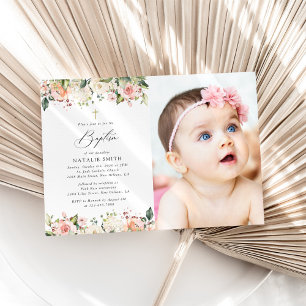 Pink Flowers, White Flowers, Boho, Floral Baptism Invitation