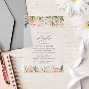 Pink Flowers, White Flowers, Boho, Floral Baptism Vellum Invitations