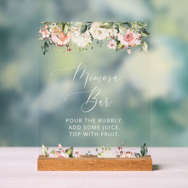 Pink Flowers, White Flowers, Boho, Mimosa Bar Acrylic Sign (Neutral)