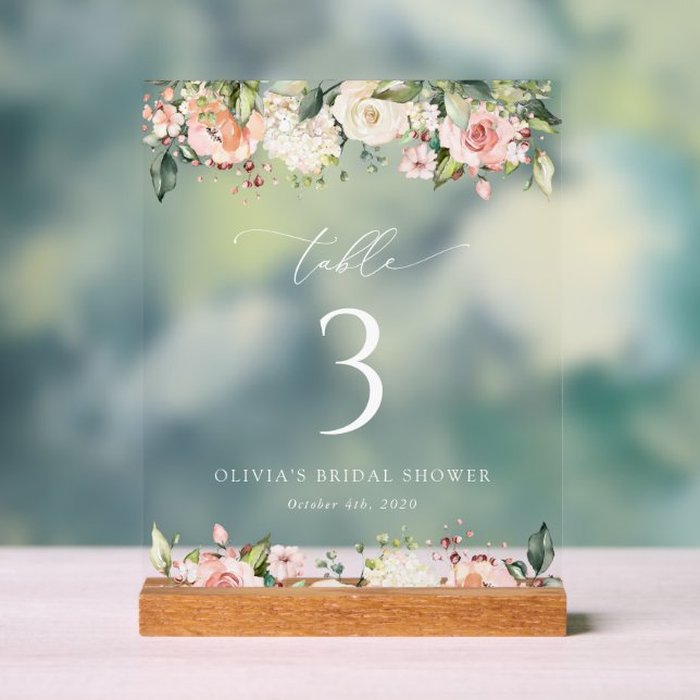 Pink Flowers, White Flowers, Boho, Table Numbers Acrylic Sign (Neutral)