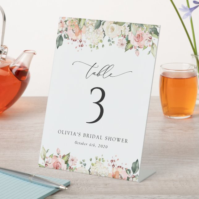 Pink Flowers, White Flowers, Boho, Table Numbers Pedestal Sign (In SItu)