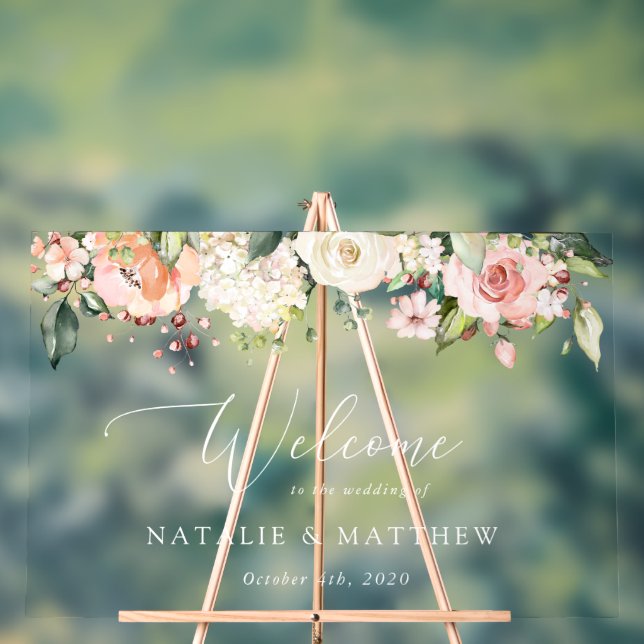 Pink Flowers, White Flowers, Boho, Wedding Welcome Acrylic Sign (Neutral)