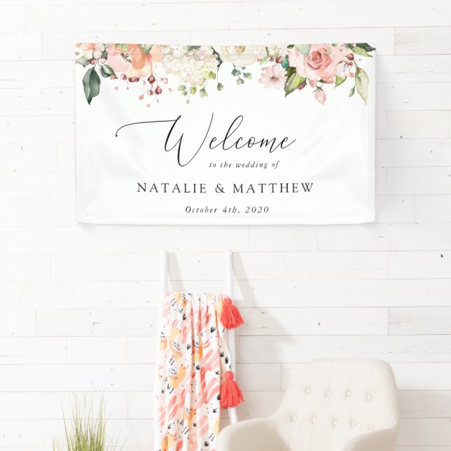 Pink Flowers, White Flowers, Boho, Wedding Welcome Banner (Insitu)