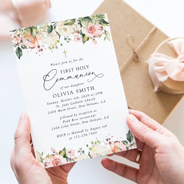 Pink Flowers, White Flowers, First Holy Communion Invitation (Creator Uploaded)