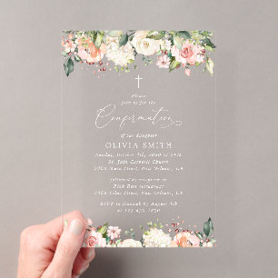 Pink Flowers, White Flowers, Floral Confirmation Acrylic Invitations