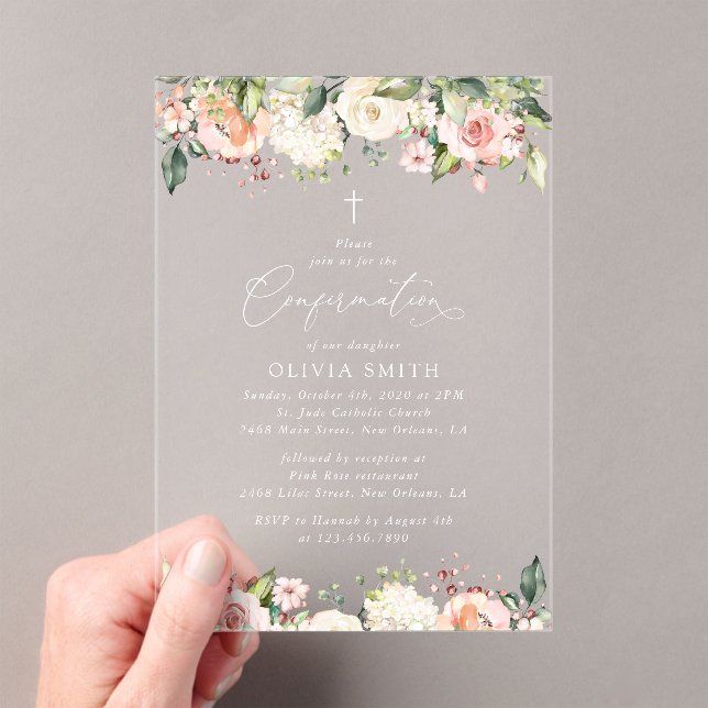 Pink Flowers, White Flowers, Floral Confirmation Acrylic Invitations (Insitu (Handheld))