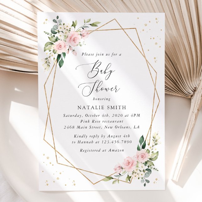 Pink Flowers, White Flowers, Greenery, Baby Shower Invitation (Creator Uploaded)