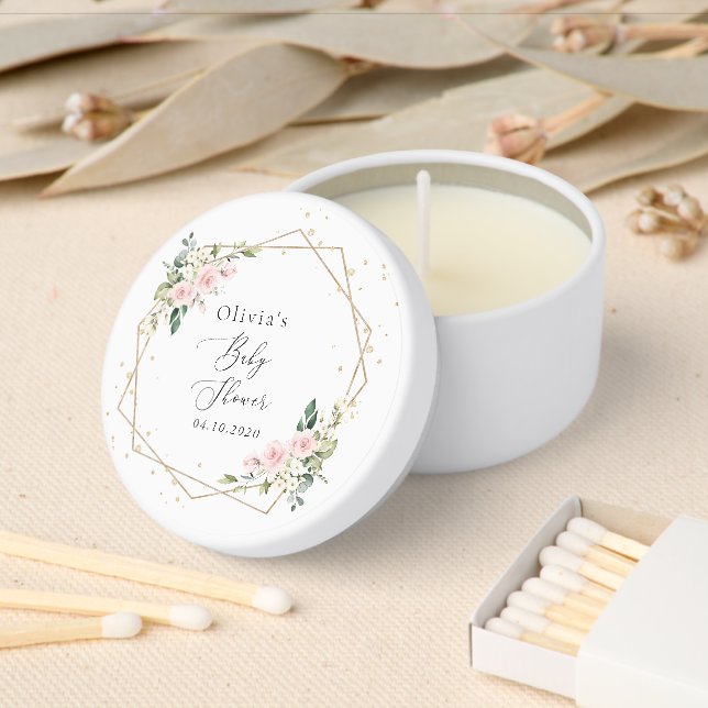 Pink Flowers, White Flowers, Greenery, Baby Shower Mini Candle Favors (Insitu)