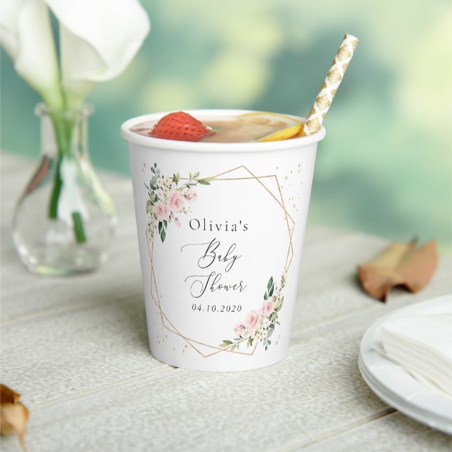 Pink Flowers, White Flowers, Greenery, Baby Shower Paper Cups (Insitu)